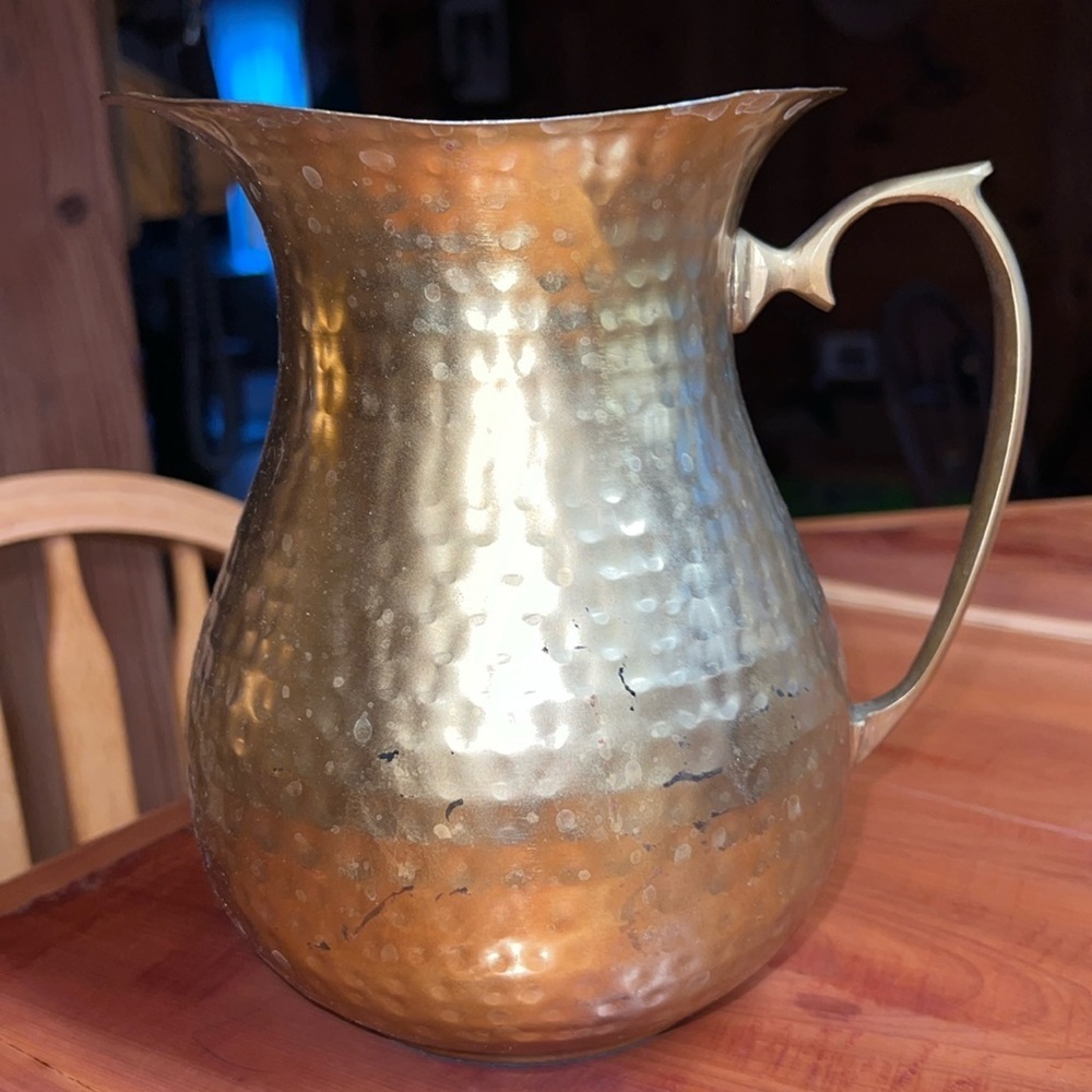 Vintage Metal Hammered Gold Water Pitcher